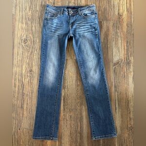 Vigold Straight Jeans Womens Juniors 7 Dark Wash Blue Denim Whiskers Embroidered